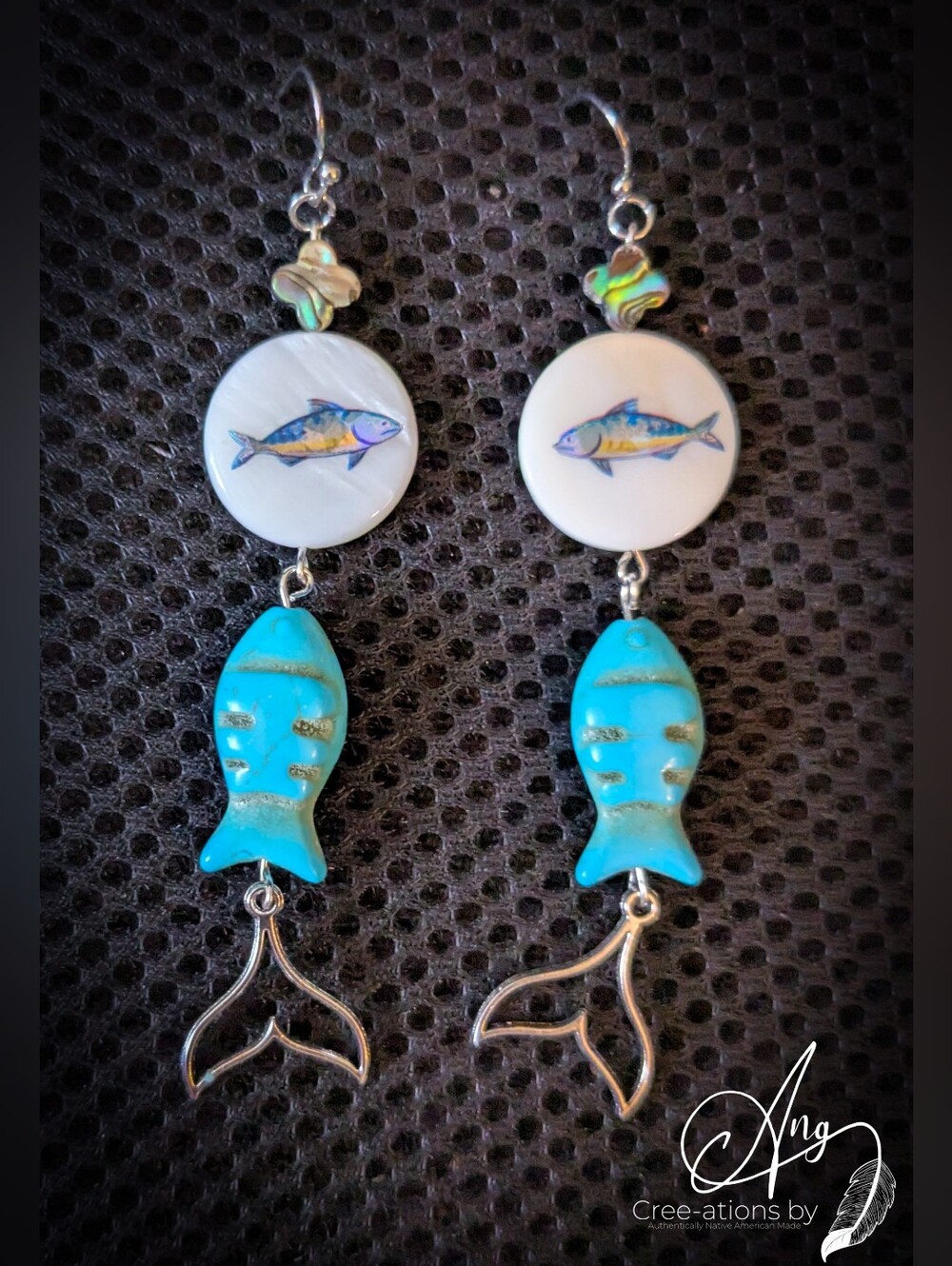 Indigenous Turquoise, Abalone, And Mother Of Pearl Fish Dangle Earrings